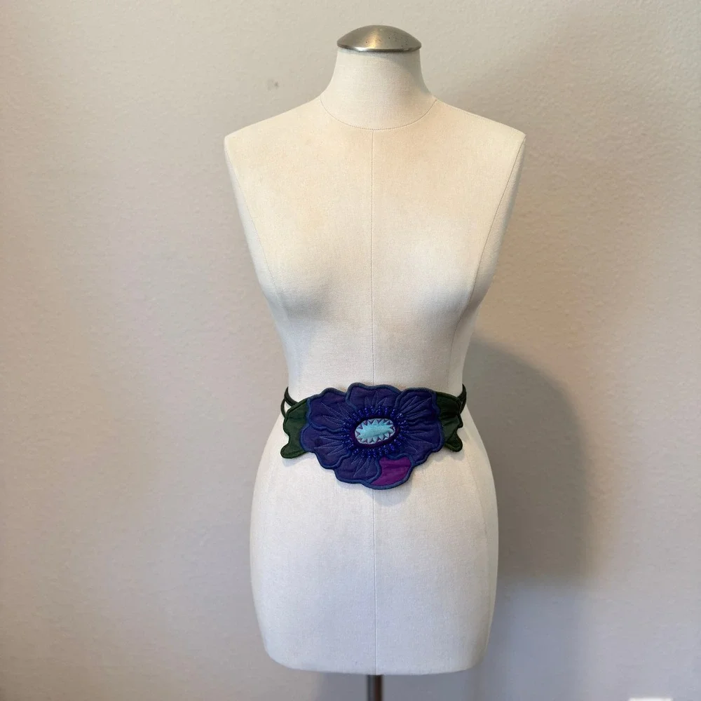 Ellen Edith Purple Beaded Embroidered Flower Waist Belt Bohemian Artisan Tie